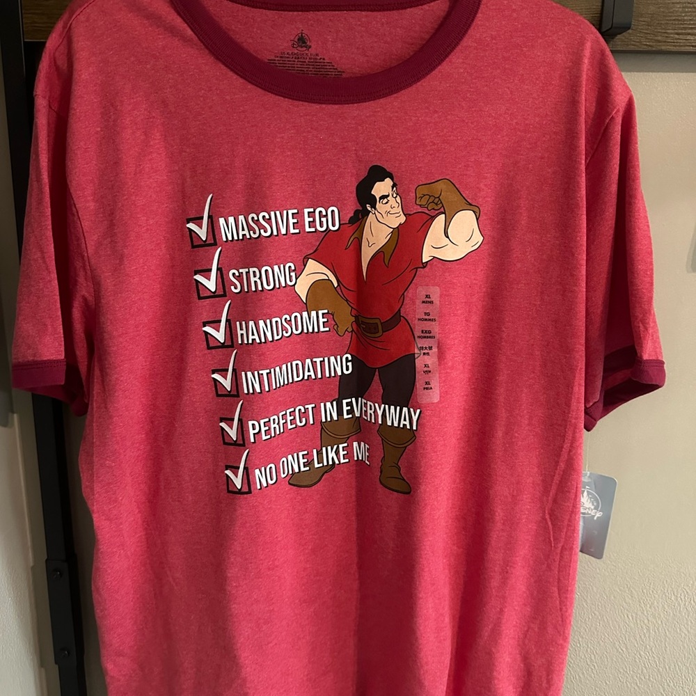 Disney Men's Red Short Sleeve Graphic Tee with Gaston Print